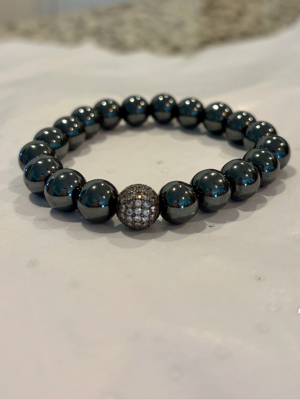 Hematite Beaded Bracelet with Pave Accent Bead - Dark Gray